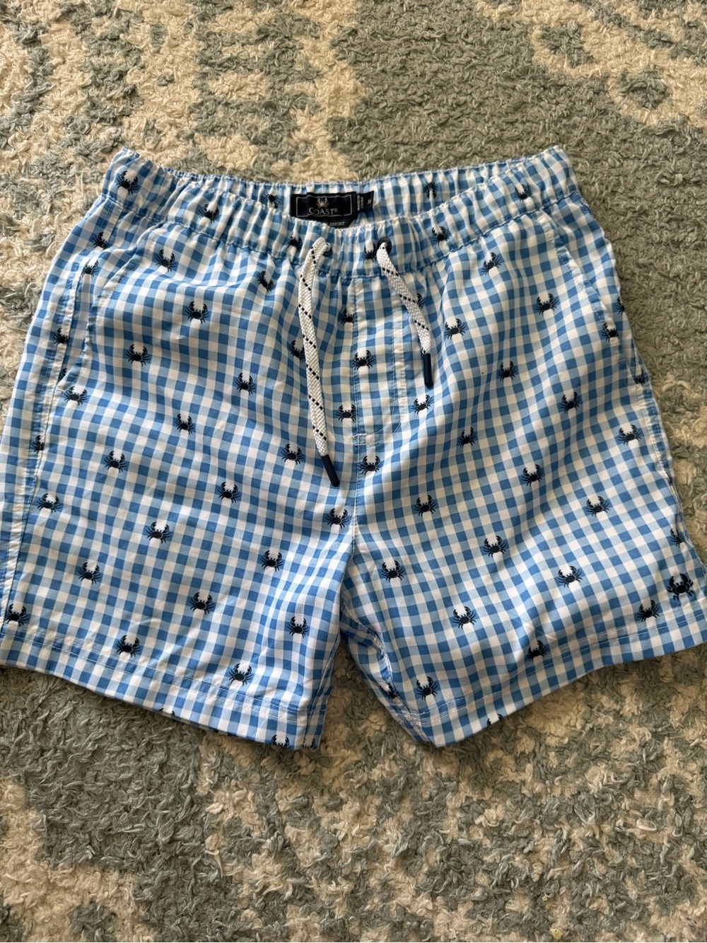 Men's Light Blue Gingham Swim Trunks with Nautical Embroidery